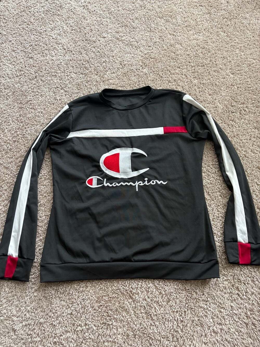 Champion Black Long Sleeve T-Shirt With White And Red Stripe And Embroidered Log